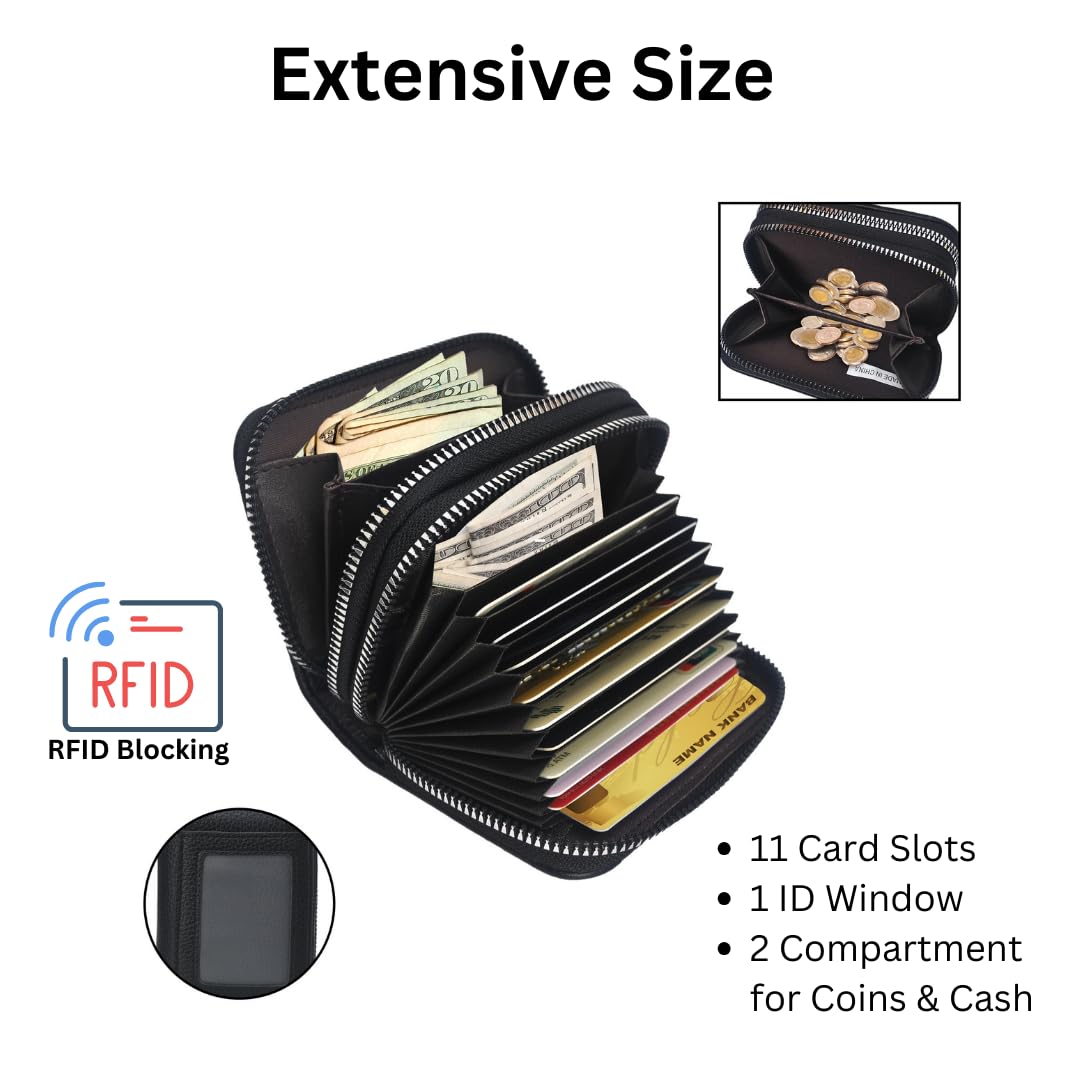 NGIL Small Zippered Faux Leather Wallet for Women, Accordion-Style Card Slot Women Wallet, RFID Blocking Credit Card Holder Wallet, Card Cases & Money Organizers (Black)