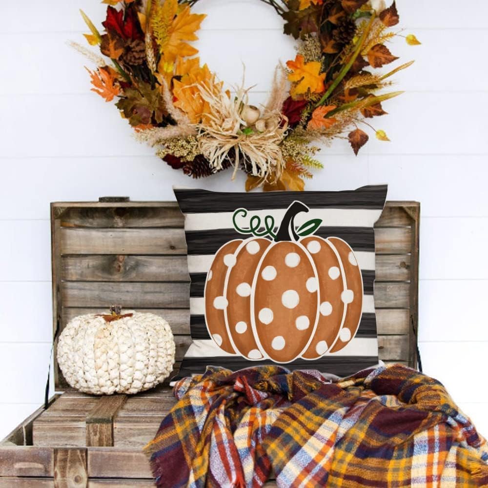GEEORY Happy Fall Pillow Covers 18x18 Set of 4, Polka Dots Pumpkin Maple Leaves Stripes Decorative Throw Pillows Farmhouse Thanksgiving Decorations Orange Cushion Case for Couch Sofa