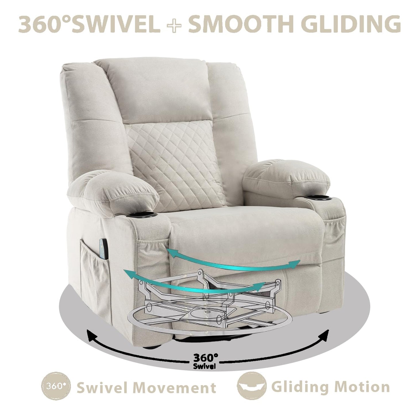 Swivel Recliner with Massage and Heat, Scratch-resistant Fabric Rocking Reclining Chairs for Adults, Overstuffed Recliners with Cup Holders, Modern Manual Rocker Recliner Chairs for Living Room, Beige