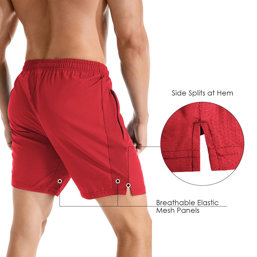 Gerlobal Men's 7" Athletic Running Shorts Lightweight Quick Dry Gym Workout Shorts with Zipper Pockets Red,Large
