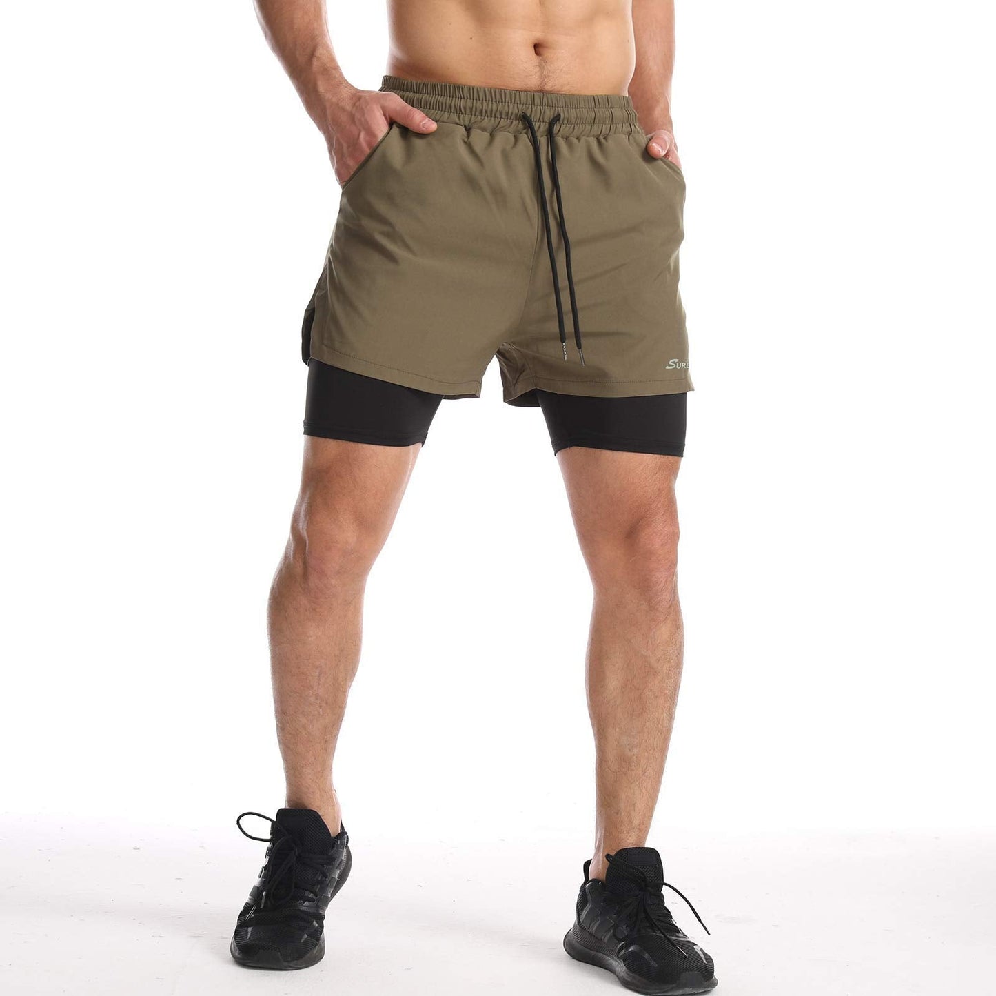 Surenow Mens 2 in 1 Running Shorts Quick Dry Athletic Shorts with Liner, Workout Shorts with Zip Pockets and Towel Loop Green