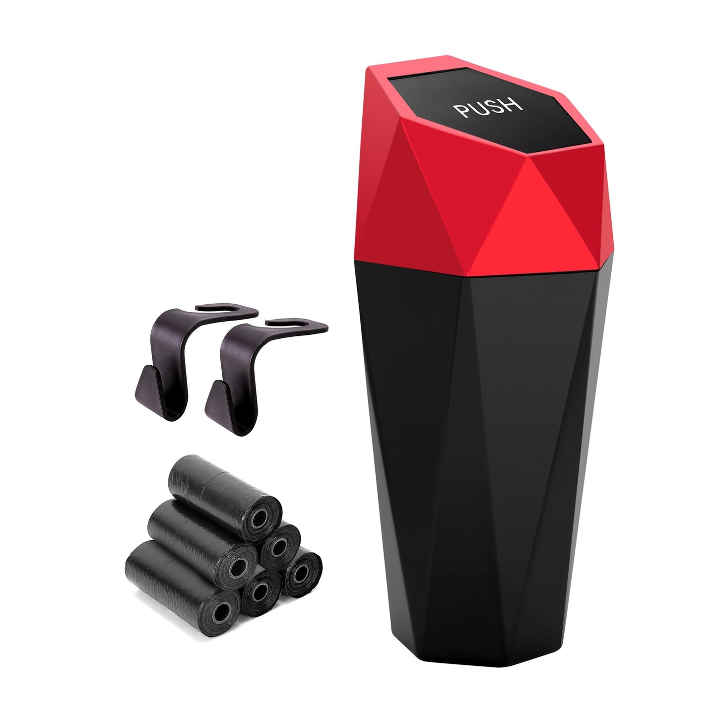 Ginsco Car Trash Can Cup Holder, 2 Pack Mini Trash Can with Lid, Car Accessories for Interior, Leakproof Small Trash Cup for Home with Additional 2 ABS Hooks and 90pcs Trash Bags Black