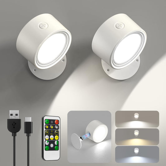LED Wall Mounted Lights 2 Pcs with Remote, Wall Sconces Lamp 3000mAh Rechargeable Battery Operated, 3 Color Temperatures & Dimmable Magnetic 360° Rotation Cordless Light for Bedroom Bedside