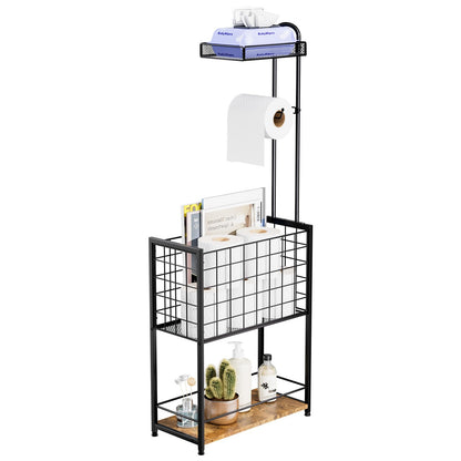 SWTYMIKI Freestanding Toilet Paper Holder - 4-Tier Free Standing Toilet Paper Holder Stand with Large Basket, Stand Mega Roll Storage Rack for Extra Rolls, Magazines, Wet Wipes, Black