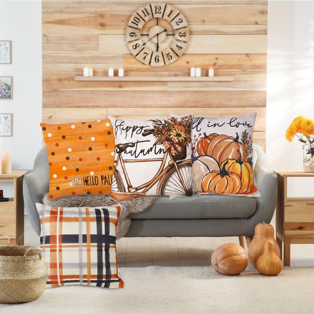 Heirloom Haven 4pcs Hello Fall Pumpkin Throw Pillow Covers 18x18, Autumn Thanksgiving Buffalo Plaid Polka Dots Floral Bicycle Outdoor Home Decor Cushion Cases Seasonal Pillow Cases for Sofa Couch