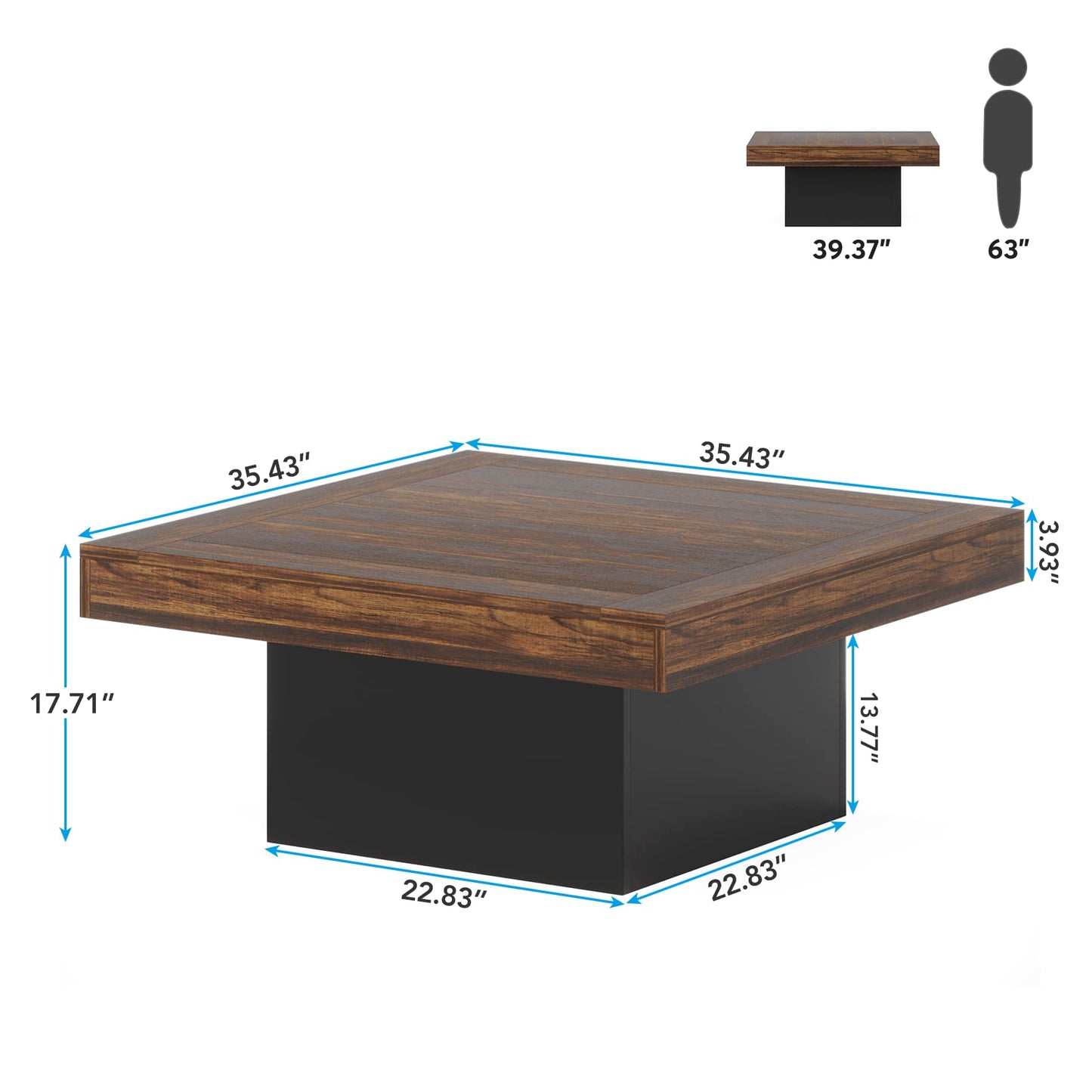 Tribesigns Farmhouse Coffee Table Square LED Engineered Wood Low Coffee Table for Living Room Rustic Brown & Black