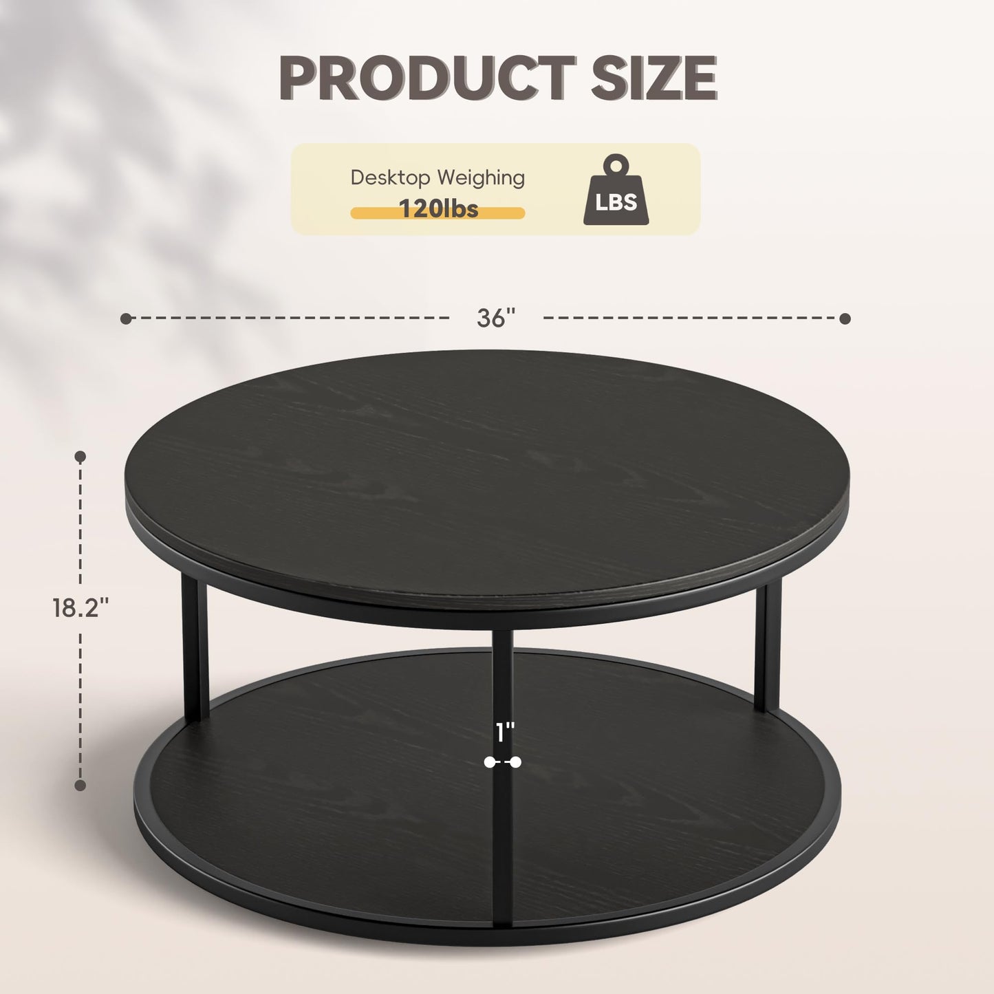 YESHOMY 36“ Black Round Coffee Table, Coffee Tables for Living Room, Metal & Wood Round Table, Small Space Solution for Living Room Furniture, Black