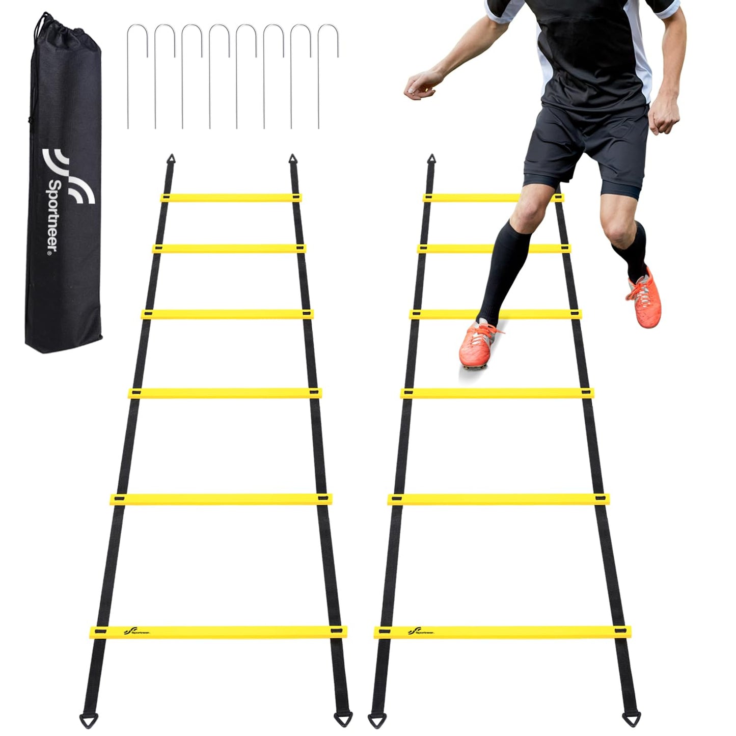 Sportneer Agility Ladder Speed Training Set - 12 Rungs 20ft Detachable Exercise Ladders in 2pcs (6 rungs each) with Ground Stakes for Soccer Football Footwork Training - Ladder with Carry Bag - Yellow
