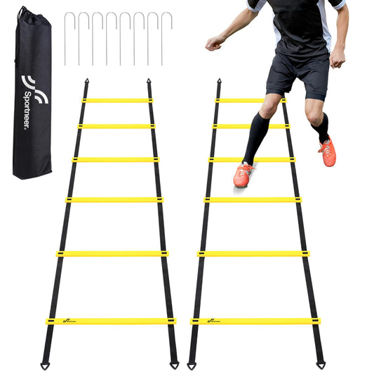 Sportneer Agility Ladder Speed Training Set - 12 Rungs 20ft Detachable Exercise Ladders in 2pcs (6 rungs each) with Ground Stakes for Soccer Football Footwork Training - Ladder with Carry Bag - Yellow
