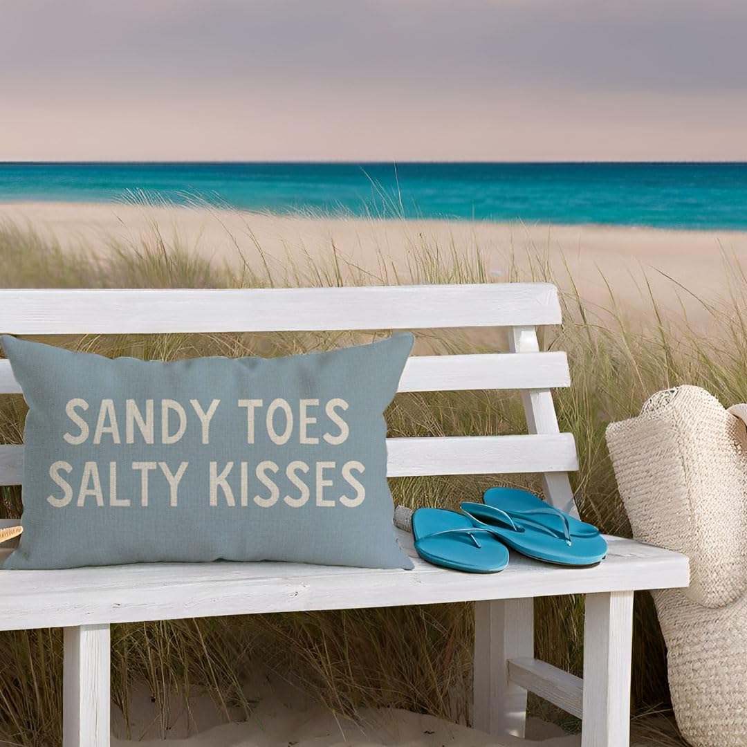 PANDICORN Summer Beach Throw Pillow Covers 12x20 Inch Sayings Sandy Toes and Salty Kisses Nautical Pale Blue Outdoor Decorations Lumbar Decorative Cushion Case for Home Living Room Sofa Couch Decor