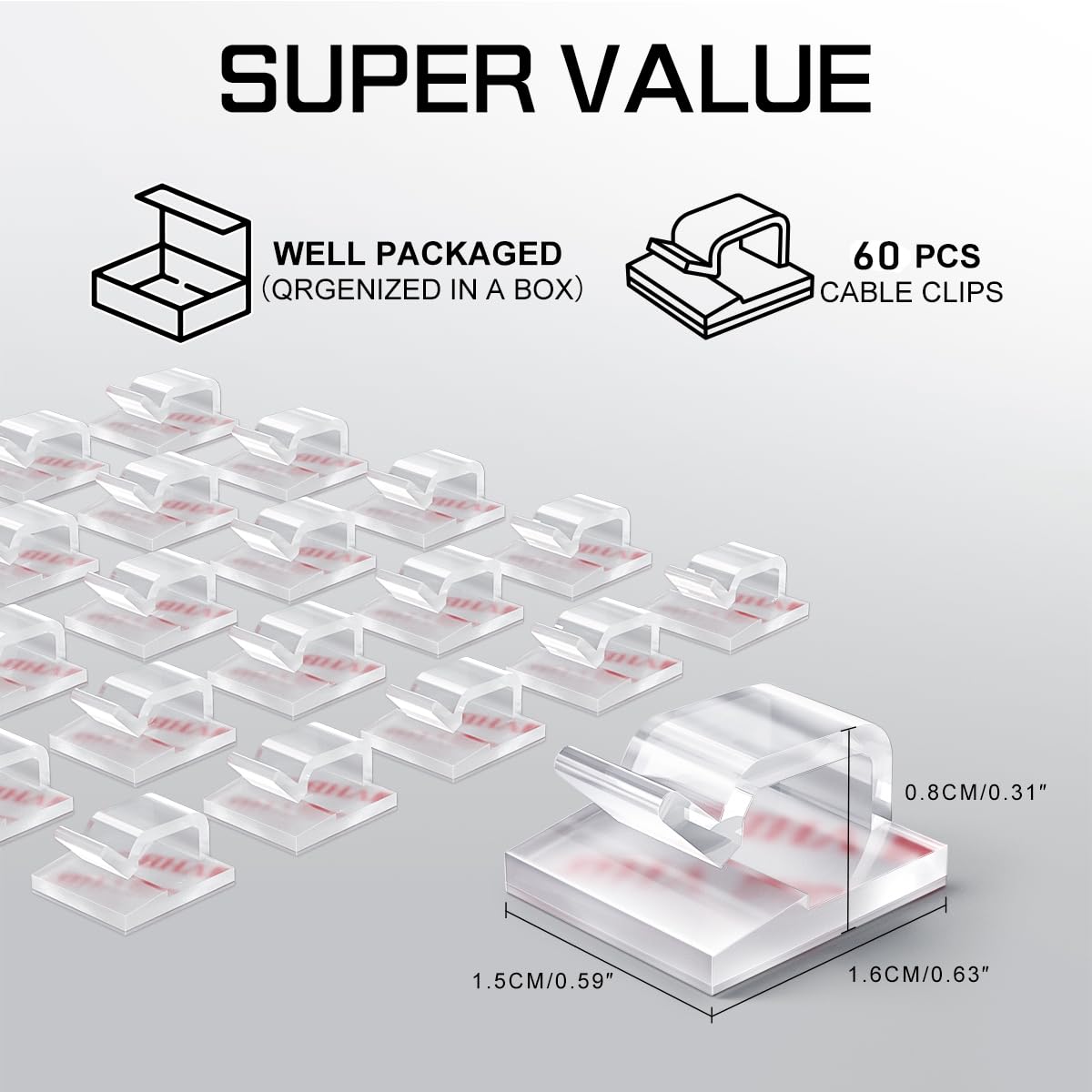 KGROTE 60Pcs Christmas Light Clips, Hooks for Outdoor String Lights Clips, Adhesive Cord Organizer Hooks, Sticky Wire Holder for Hanging Christmas Lights, Wall Cable, Fairy Lights (Clear, Small)