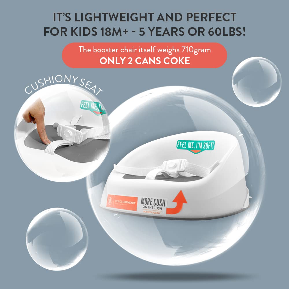 Prince Lionheart Squish Booster Seat, Gray, 3-Point Harness Dual-Strap System, Easy to Wipe Clean, Lightweight