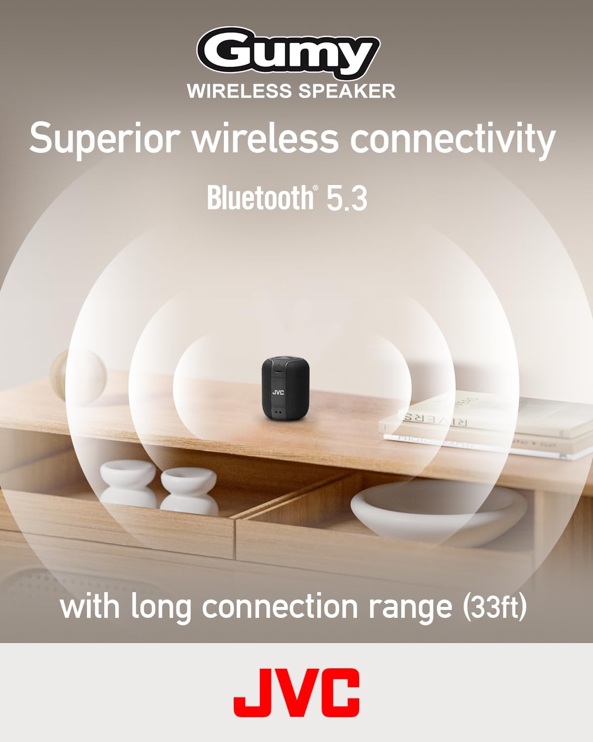 JVC Portable Gumy Wireless Speaker with Surround Sound, Bluetooth 5.3, Lightweight, TWS Capability, USB-C, up to 15-Hour Battery Life - SPSG1BTB (Black)