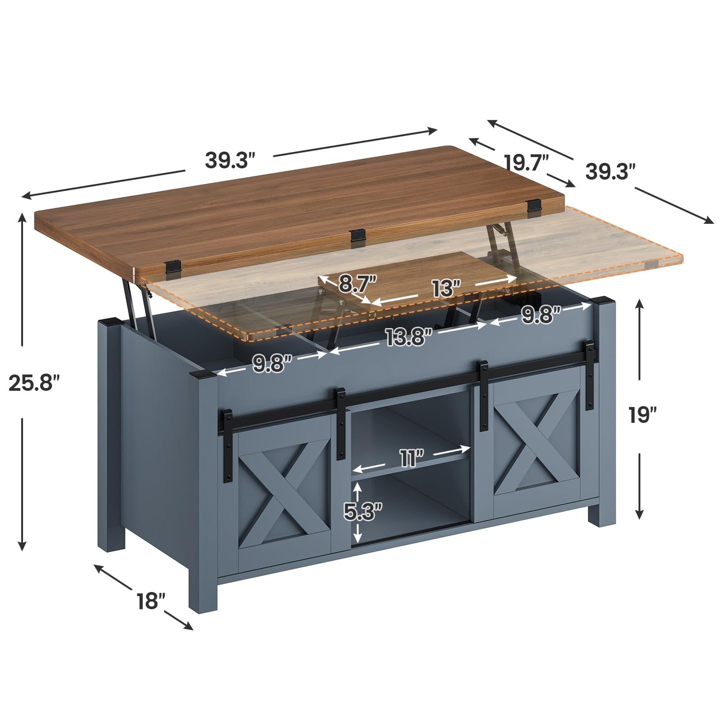 SEDETA Lift Top Coffee Table, 4 in 1 Multi-Function Convertible Coffee Tables with Storage and Hidden Compartment, Farmhouse Coffee Table Converts to Dining Table for Living Room, Blue