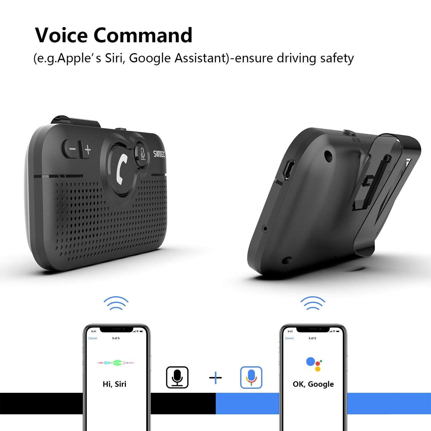 SUNITEC Handsfree Bluetooth Car Kit for Cell Phone, Wireless Bluetooth Speaker for Car, AUTO Power ON Support Siri Google Voice Assistant Hands Free Phone Speakerphone with Visor Clip-BC980SA