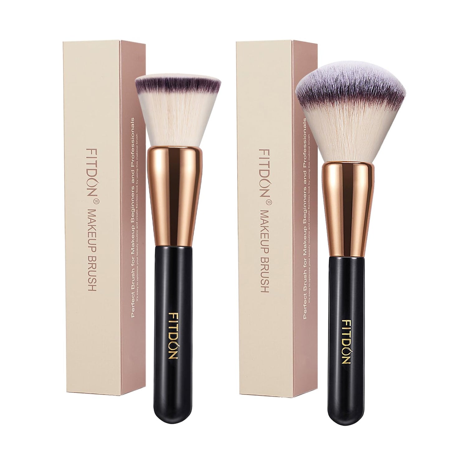 FITDON Foundation Brush and Powder Brush, 2PCS Professional Flat Top Kabuki Makeup Brush Bronzer Blush Brushes for Liquid, Cream and Powder
