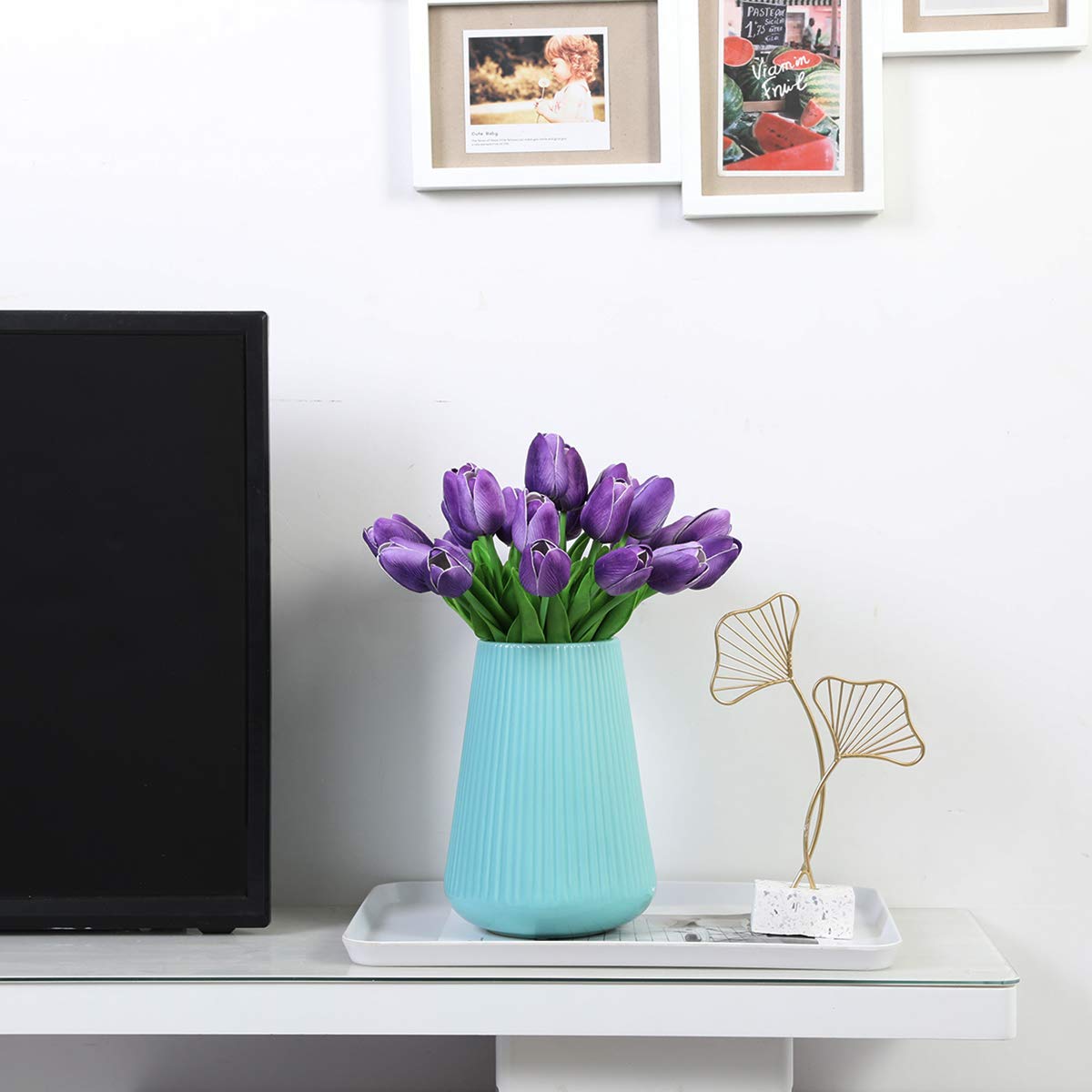 Nubry 30pcs Artificial Tulip Flowers Fake Real Touch Tulips Flower Bouquet for Wedding Arrangements Centerpieces Home Decoration (Purple)