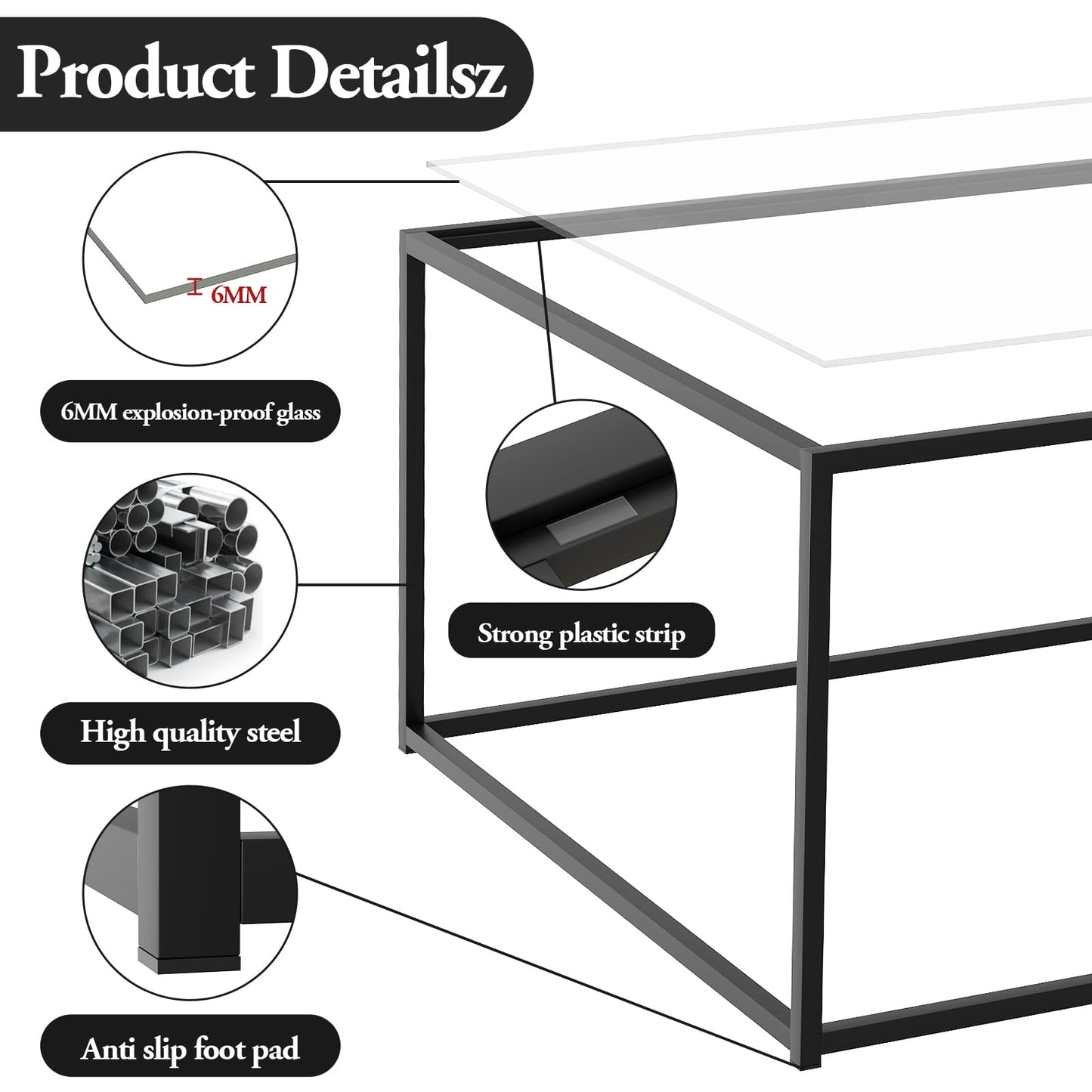 Black Glass Coffee Table for Living Room,Square Coffee Tables for Small Spaces,Simple Tea Cocktail Modern Center Tables, Living Room Tables,Easy Assembly,26 * 26in（Black & Clear Glass）