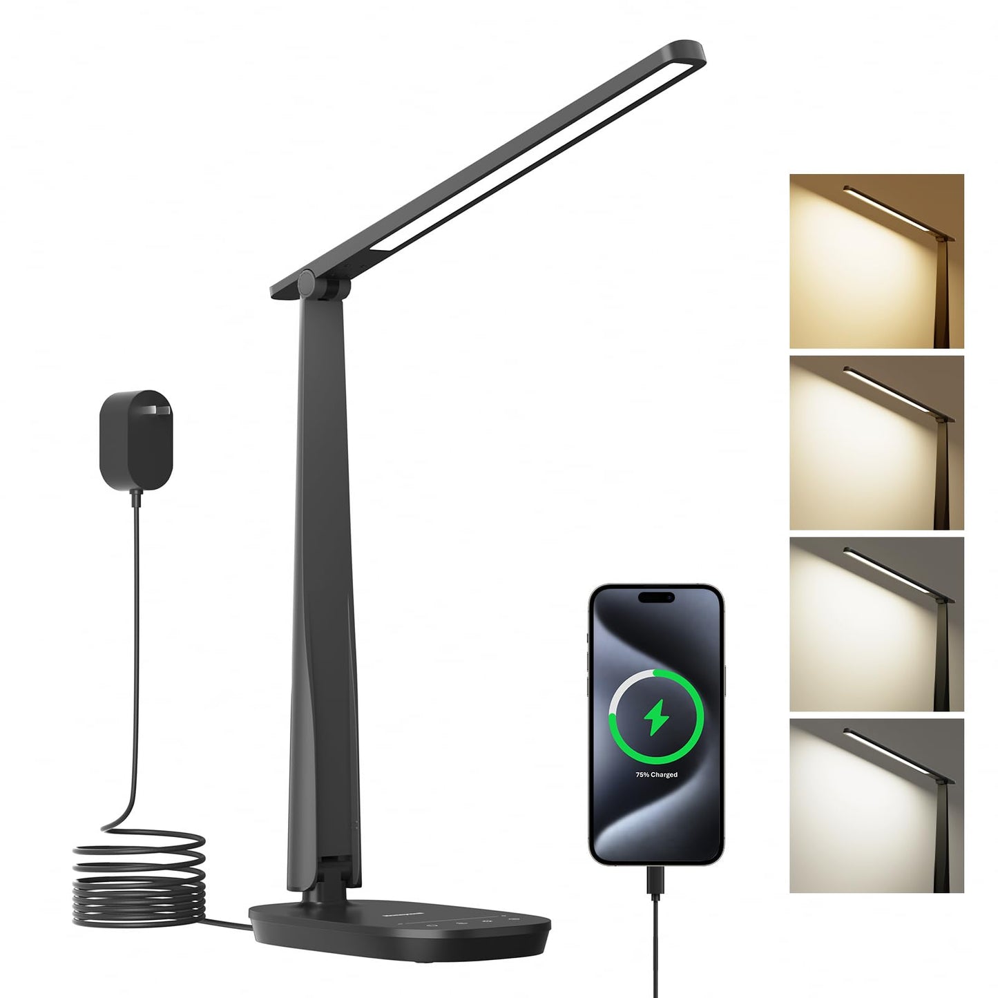 HONEYWELL Desk Lamp for Home Office, Dimmable LED Desk Light with USB A+C Dual Charging, 4 Modes Brightness Touch Lamp with Timer, Eye Caring Foldable Reading Light, Table Lamp for Study Nightstand