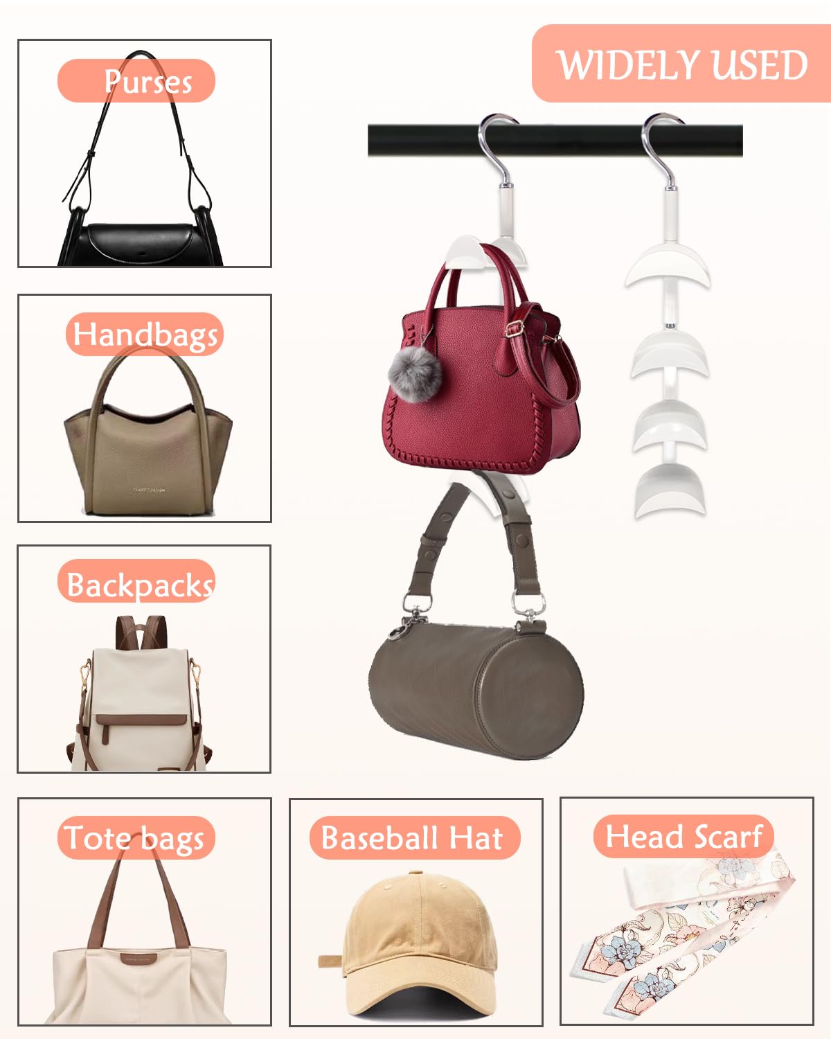 Purse Hanger for Closet, Rotating Purse Organizer for Closet White Purse Holder Purse Hooks for Organizer Storage Purses Tote Bag Handbags Scarf Belt