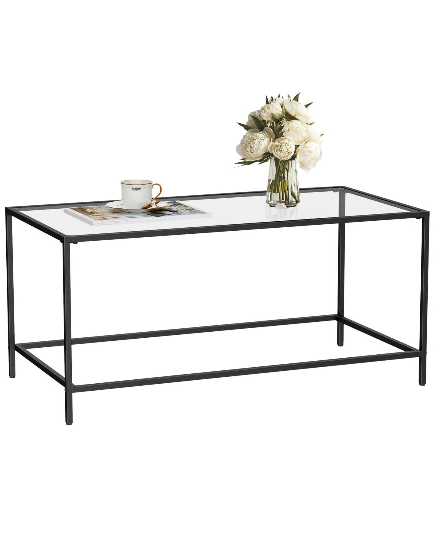 Homleke Glass Coffee Table, Modern Rectangular Black Coffee Table for Living Room, Minimalist Center Tea Table with Sturdy Metal Frame for Apartment, Office, Dining Room, Easy Assembly, Black