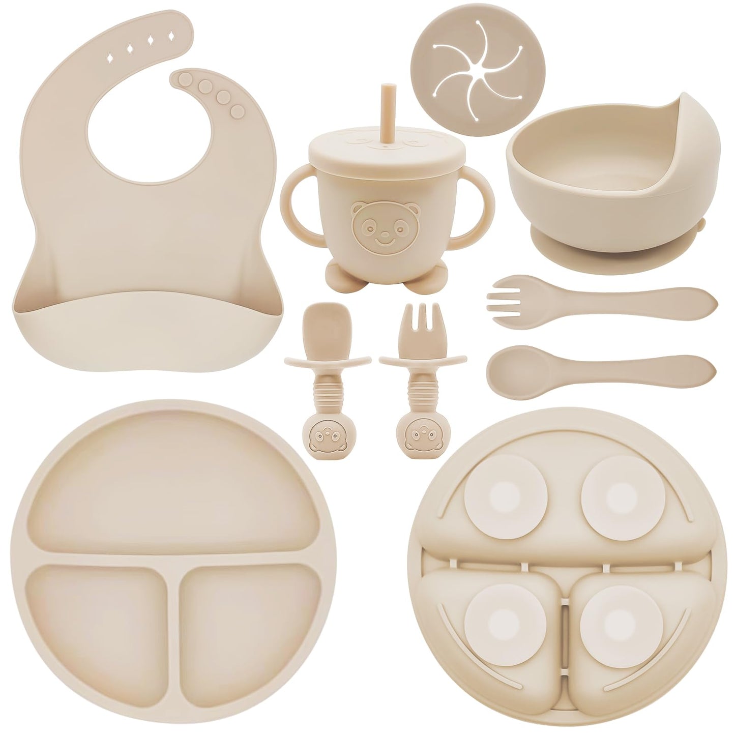 Munlinder Silicone Baby Feeding Set | Baby Led Weaning Supplies Includes Suction Bowls and Divided Plates, Adjustable Bib, Baby Utensils Spoons and Forks,Cup | Baby Feeding Essentials (Beige)