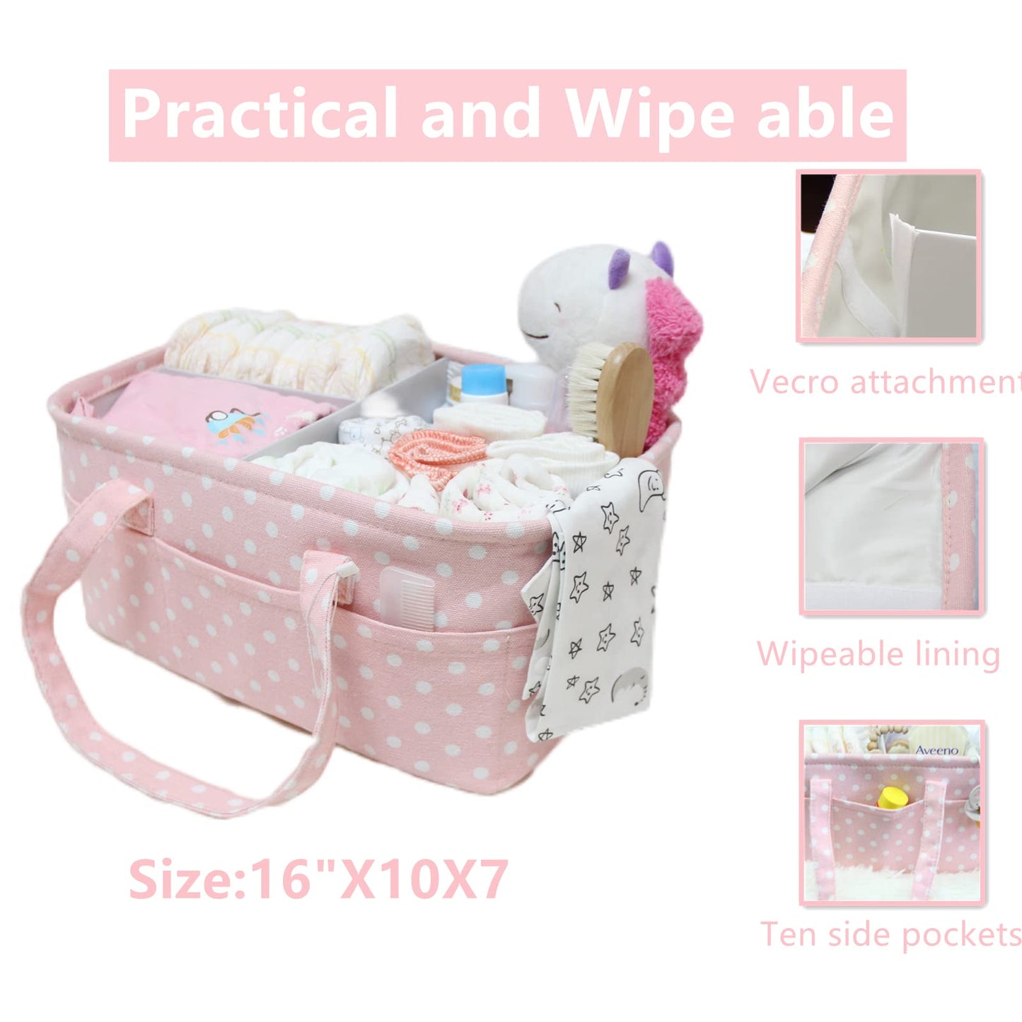 Pink Diaper Caddy Organizer for Baby Girl-Large Portable Diaper Caddy Basket for Changing Table-Diaper Organizer Caddy-Car Travel Tote Bag-Newborn Registry Baby Shower Basket for Diapers & Wipes