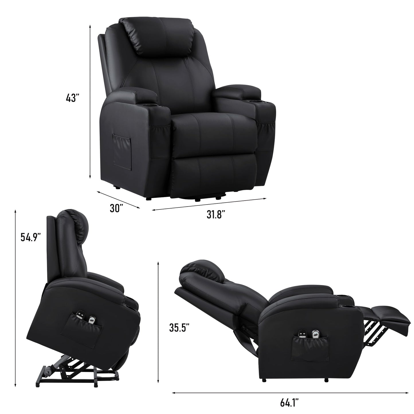 JUMMICO Power Lift Recliner Chair with Massage for Elderly PU Leather Modern Reclining Sofa Chair with Cup Holders, Remote Control, Adjustable Furniture (Black)