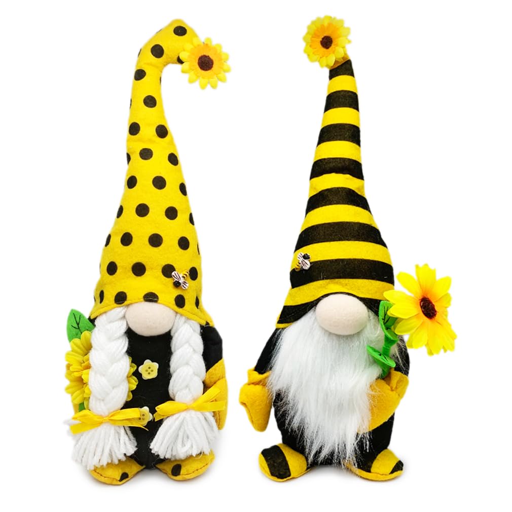 AMOH JERCY Tall Sunflower Gnome Set – 2PCS 15” & 14” Bee Plush Scandinavian Gnomes, Rustic Farmhouse Spring & Summer Decor, Tiered Tray & Mantel Decorations, Housewarming Gift, Party Table Centerpiece