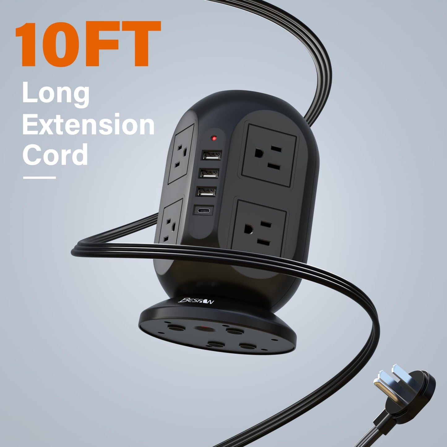 Surge Protector Power Strip Tower with 8 AC Outlets 4 USB Ports (1 USB C), 10 ft Flat Extension Cord with Multiple Outlets Charging Station for Dorm Home Office Essentials, Black