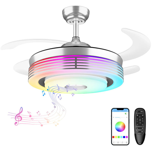 42 Inch Modern Retractable Ceiling Fan with Lights and Smart Remote,LED Fandelier Ceiling Fan with Light 6 Speed Bluetooth Speaker RGB Chandelier Ceiling Fans for Bedroom Living Room(Chrome)