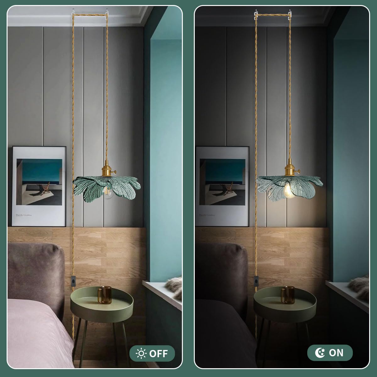 Plug In Hanging Light  Modern Brass Pendant Light Dark Green Glass Shade 14.75Ft Hanging Light With Plug In Cord Large Glass Pendant Light Plug In Pendant Lighting For Kitchen Living Dining Room