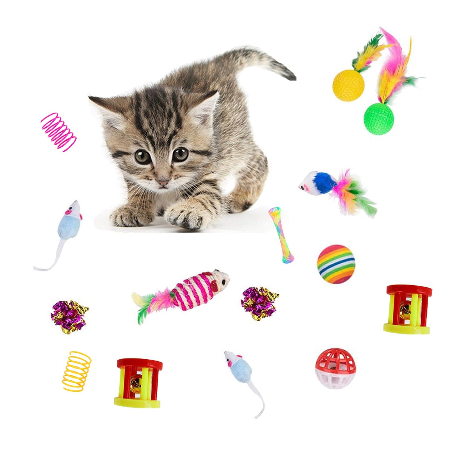32Pcs Cat Toys Kitten Interactive Pet Toys Assortments, Foldable Rainbow Tunnel, Teaser Wand Fluffy Mouse Crinkle Balls Bell Play for Puppy Kitty (3 way)