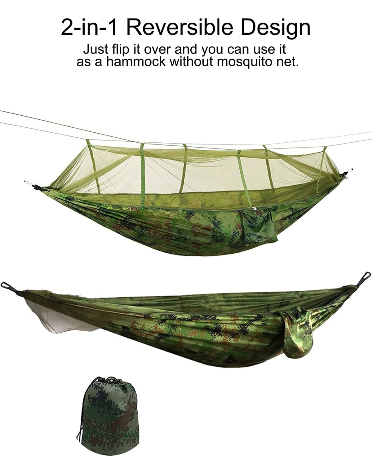 Camping Hammock with Mosquito Net - Ultra Lightweight Durable Double/Single Travel Hammock 210T Parachute Nylon with Tree Straps 660lbs Capacity for Garden Camping Backpacking, Camo