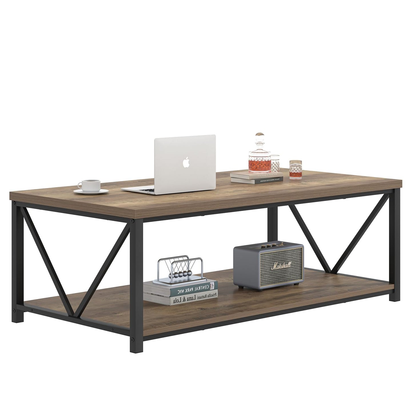 FOLUBAN Modern Coffee Table, Living Room Center Table with Storage, Wood and Metal Cocktail Table, Rustic Oak, 47 Inch