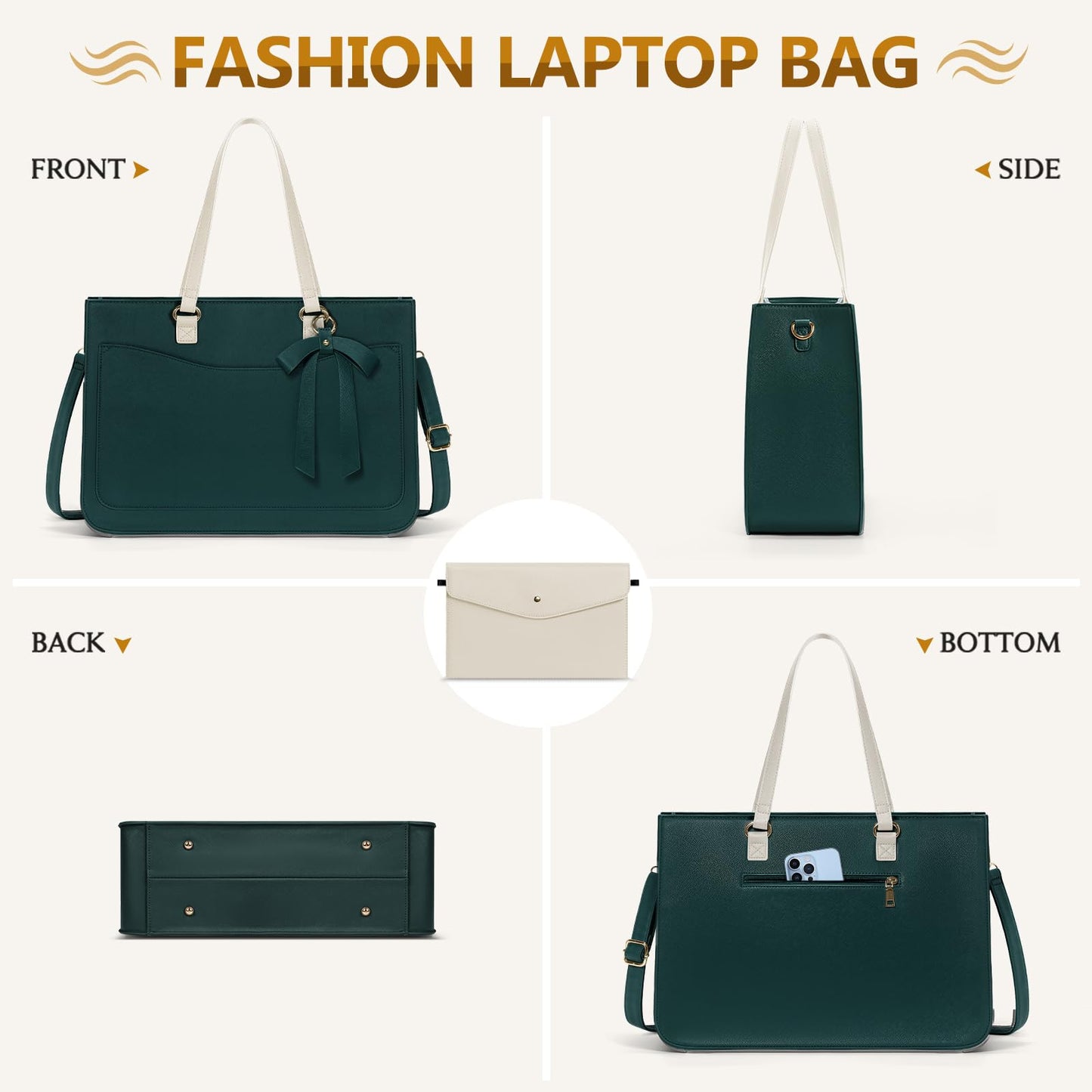 RAINSMORE Laptop Bag for Women 15.6 Inch Work Tote Bags Leather Laptop Tote Waterproof Computer Bag Professional Office Briefcase Large Handbag for College Teacher Travel, Beige and Green