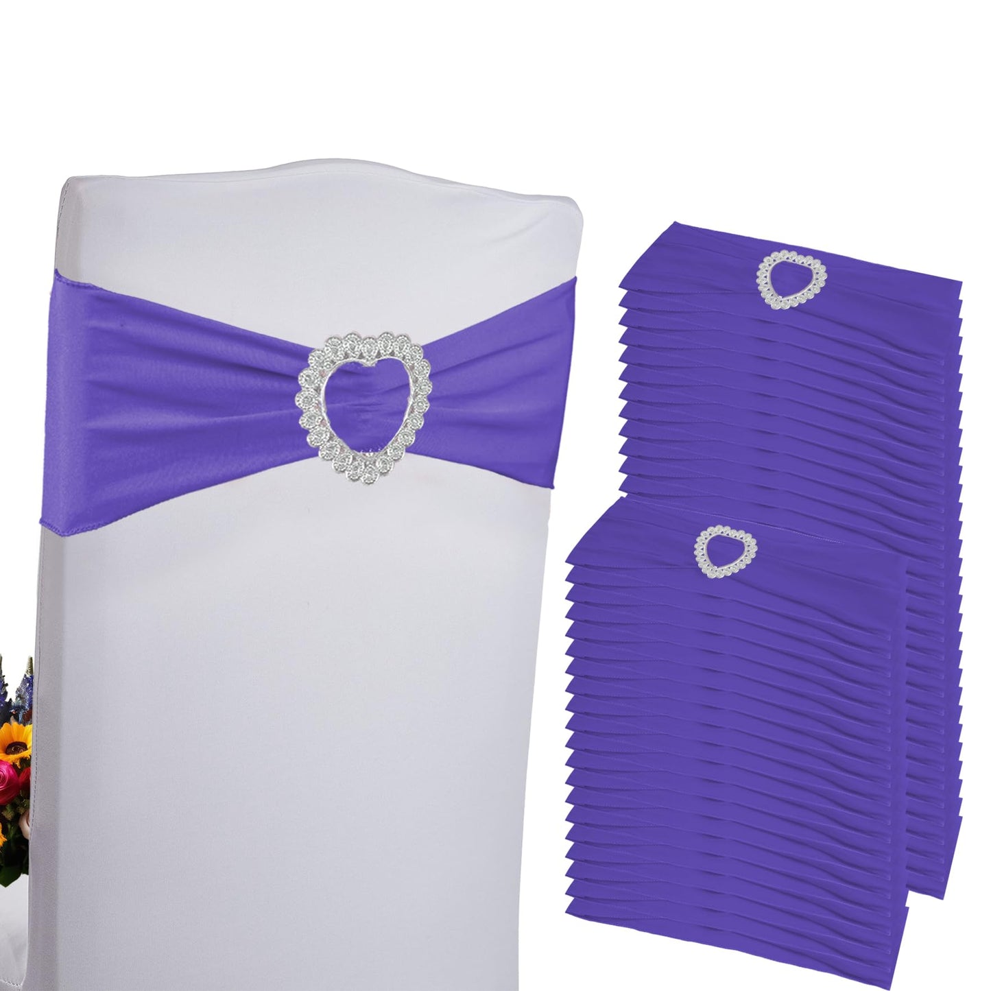 Zrlljp 100PCS Spandex Purple Chair Sashes Bows Universal Stretch Elastic Chair Cover Band Ties with Buckle Slider for Wedding Banquet Birthday Party Reception Event Decoration