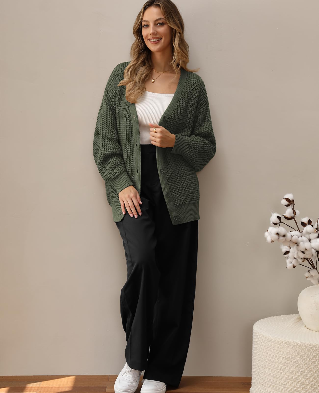 QUALFORT Cardigan Sweaters for Women 100% Cotton Button-Down Long Sleeve Oversized Knit Coatigan Jackets Green Large