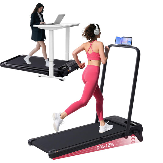 Foldable Walking Pad Treadmill with 12% Adjustable Incline and Handle Bar, 3.5HP Portable Folding Treadmills for Home Small, 4 in 1 Under The Desk Electric Treadmill with Handles, 0.6-7.6MPH, 350LBS