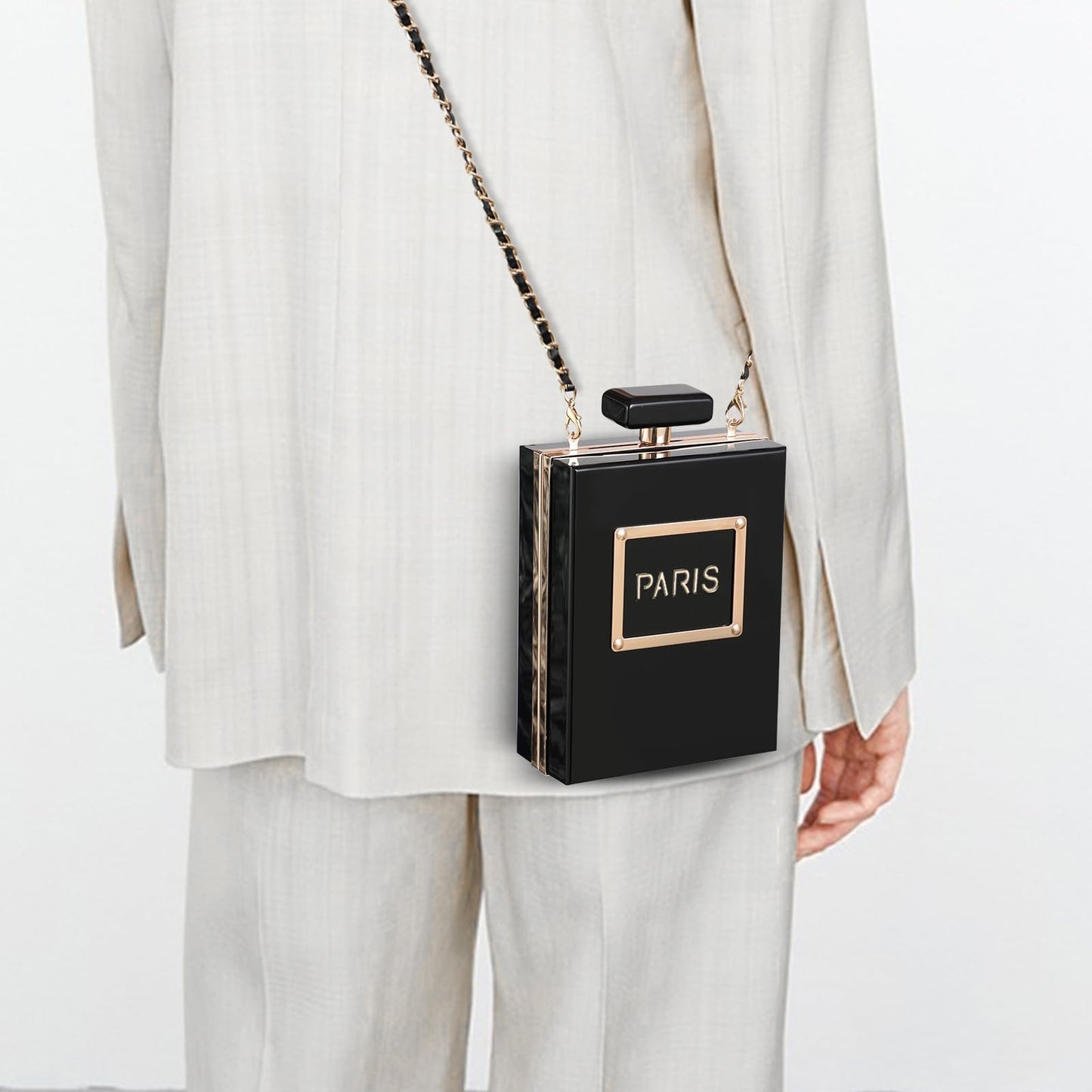 WJCD Clear Purses for Women Paris Perfume Shaped Black Purse Evening Bags Vintage Banquet Handbag (Black)