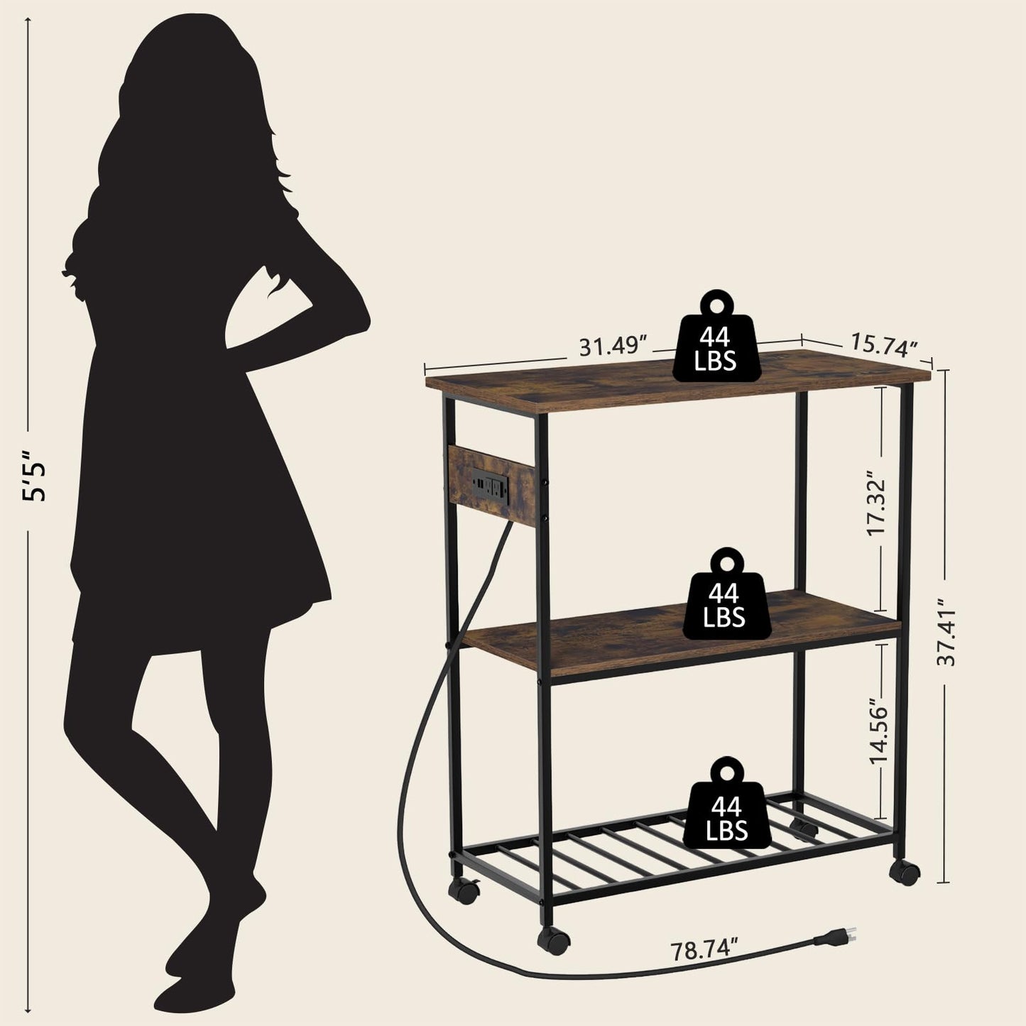 INHABIT UNION Kitchen Island with Power Outlet, 31.49" L Rolling Kitchen Cart with 3 Tier, Industrial Island Counter with Large Workstation, for Kitchen, Dining Room, Rustic Brown and Black