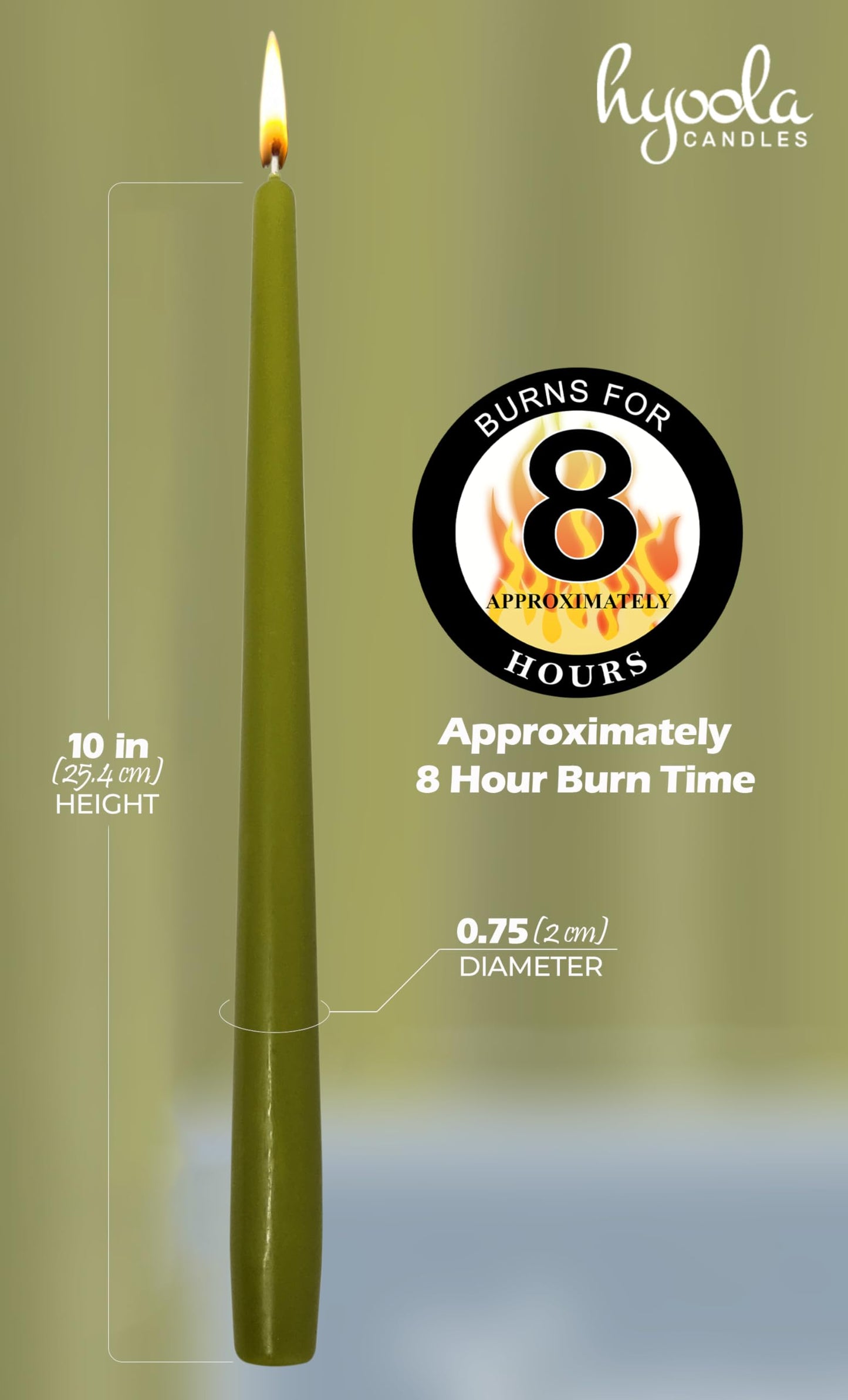 Hyoola Tall Taper Candles - 10 Inch Olive Green Unscented Dripless Taper Candles - 8 Hour Burn Time - 12 Pack