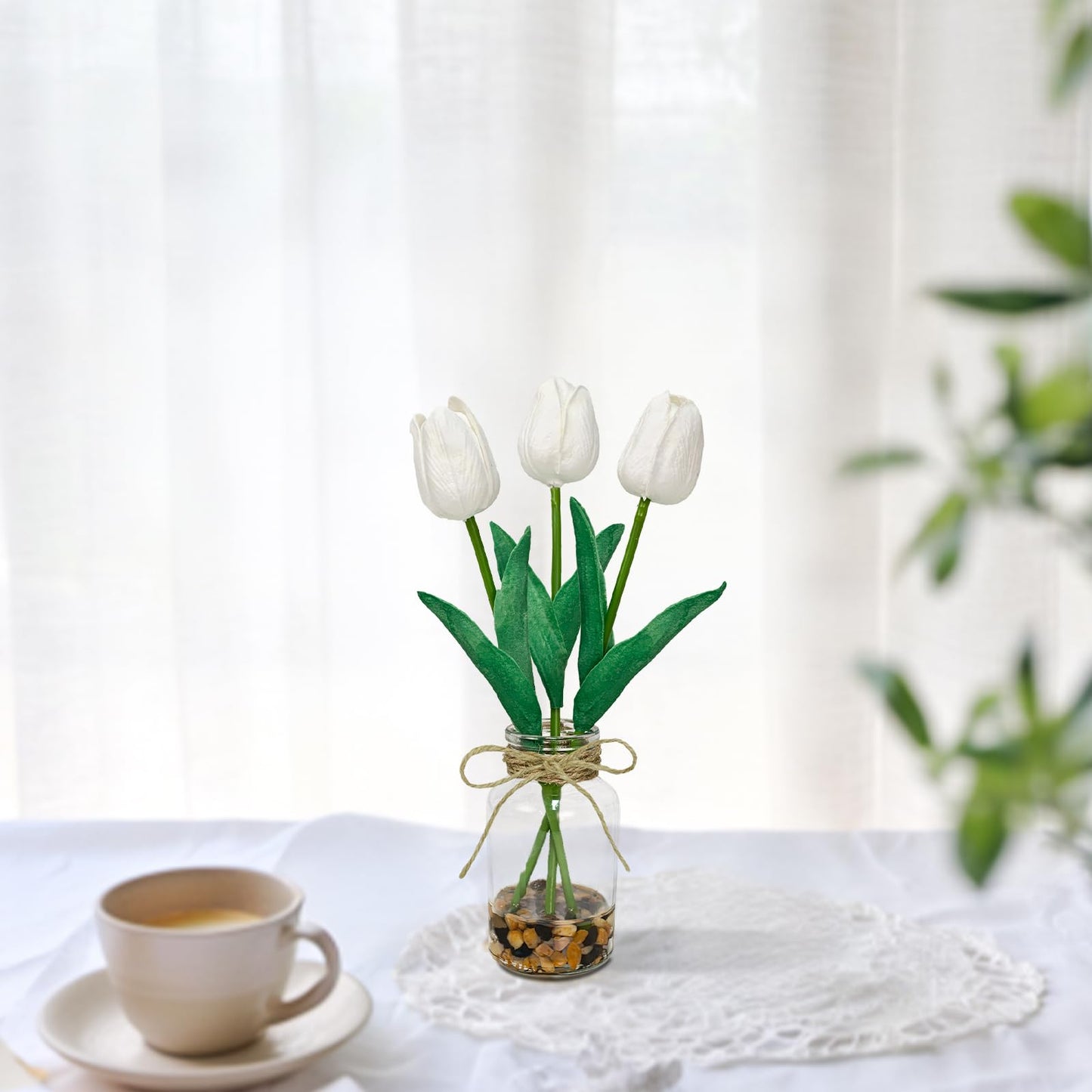 unlemoni 2 Packs Faux Flowers Artificial Tulips in Glass Vase with Faux Water Stone, Poly Foam White Fake Tulips Real Touch Flowers Arrangement for Home Kitchen Wedding Centerpiece Decoration