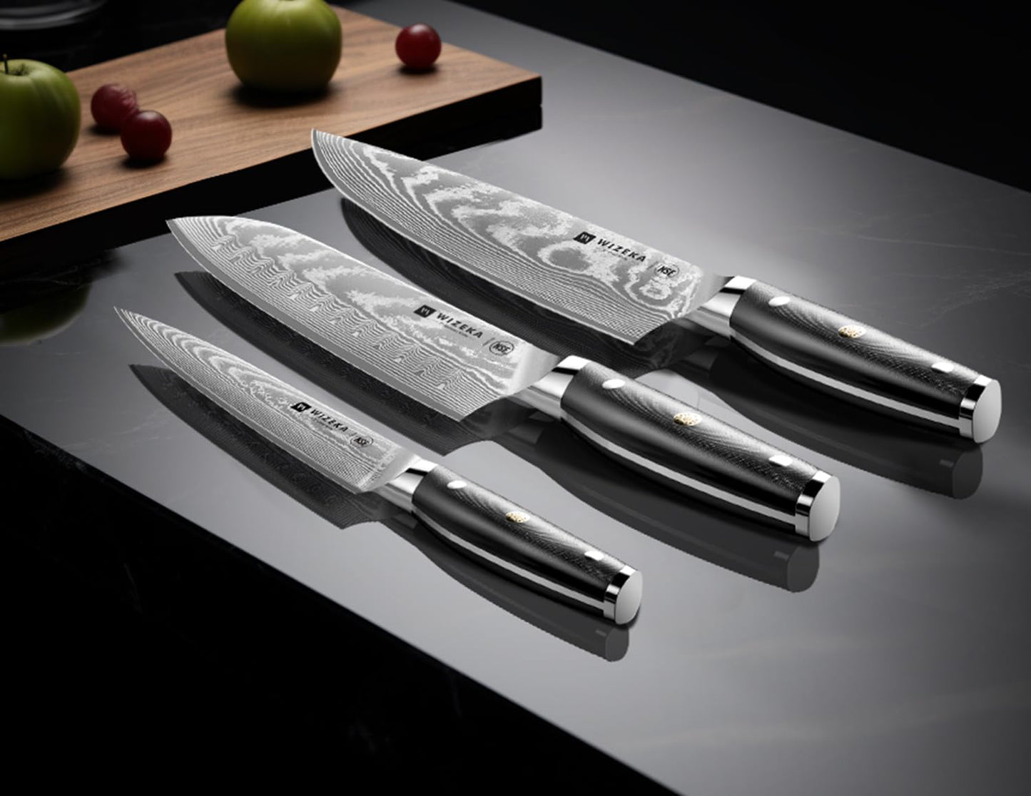 WIZEKA Damascus Chef Knife Set: 3 PCS,Super Sharp Kitchen Knives: Made of Japanese Steel VG10: Full Tang Professional Chef Knife Set With G10 Ergonomic Handle