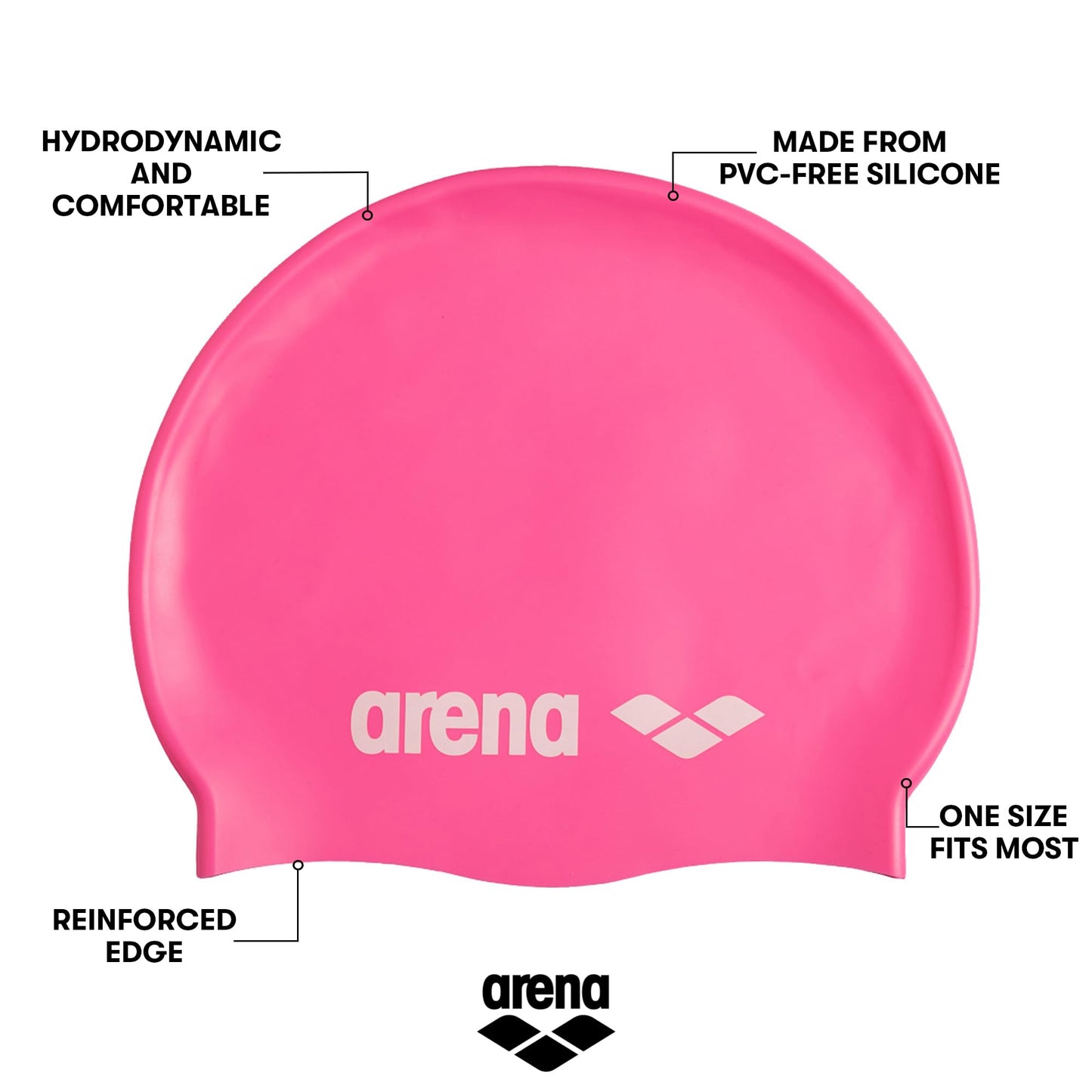 Arena Classic Unisex Soft Silicone Swim Cap for Women and Men, Intensive Training and Racing Comfortable Non-Slip Long Hair Swimming Hat, Bright Pink