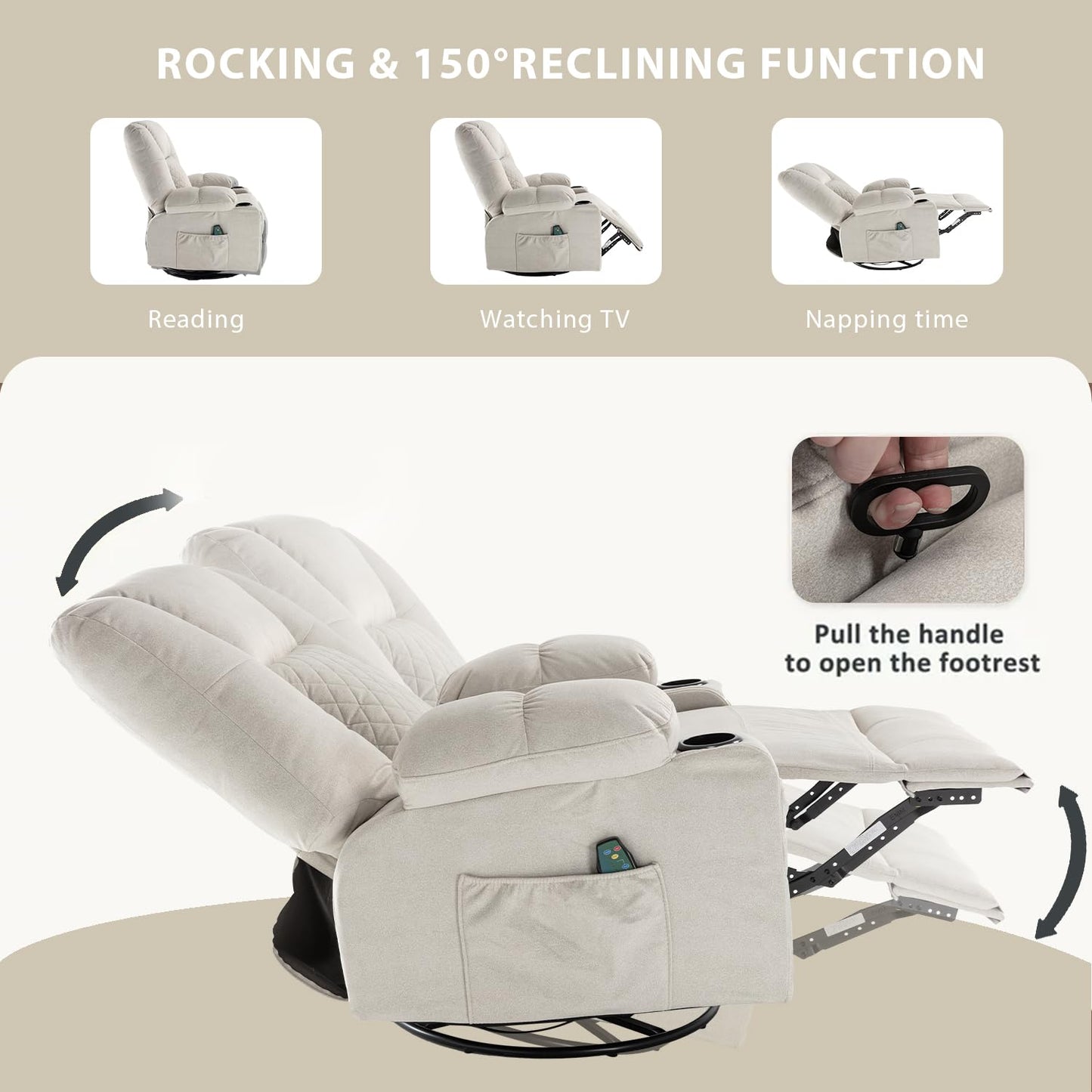 Swivel Recliner with Massage and Heat, Scratch-resistant Fabric Rocking Reclining Chairs for Adults, Overstuffed Recliners with Cup Holders, Modern Manual Rocker Recliner Chairs for Living Room, Beige