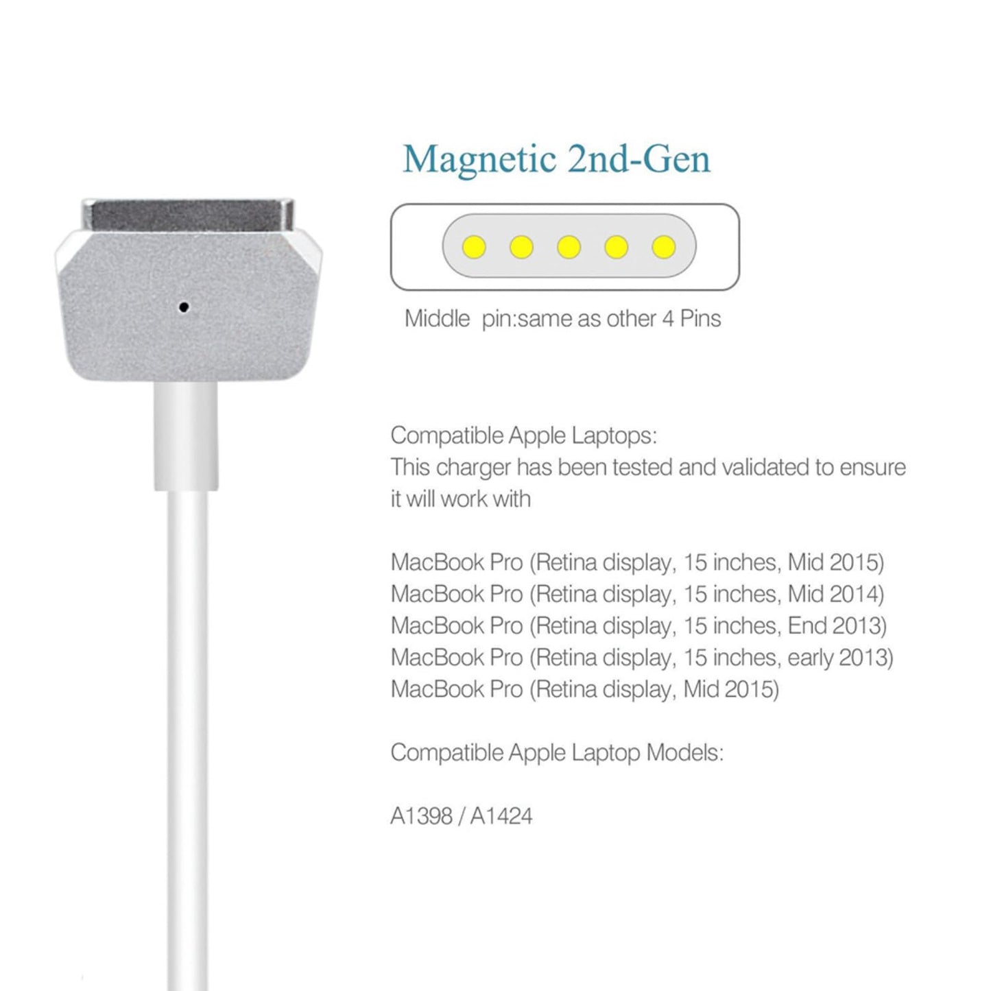 HJTPOWER 85W Charger for MacBook Pro 15 inch Retina(Mid 2012 to Mid 2015), Replacement for Magnetic 2 A1398 A1424 Power Adapter