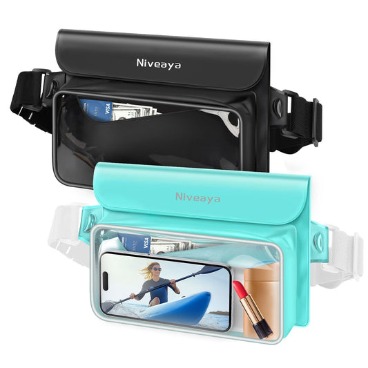 Niveaya IP68 Waterproof Fanny Pack - 2 Pack, Floating Dry Bag Pouch, Phone Waterproof Waist Pouch Dry Bag, Beach, Kayaking, Swimming, Boat Essentials, for iPhone 16/15/14/13/12 Pro Max up to 9.5"