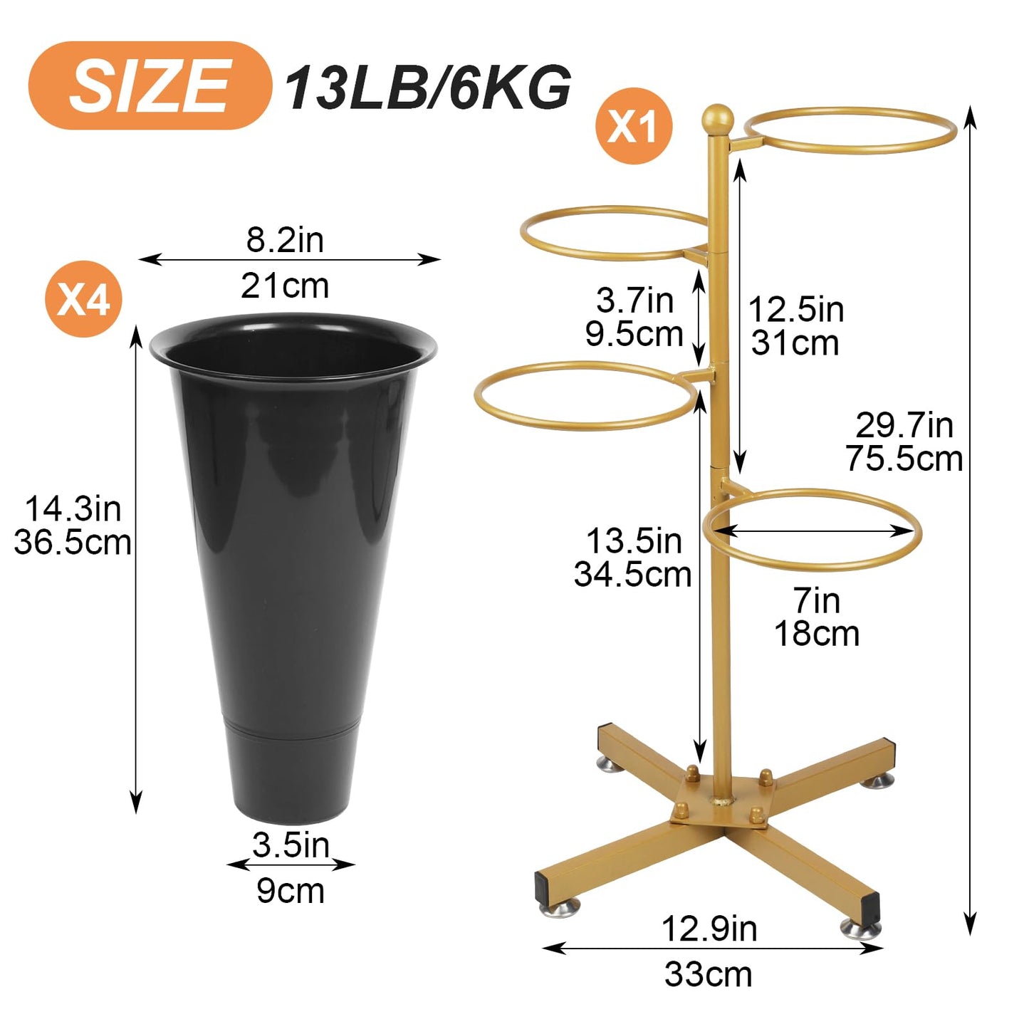 Flower Display Stand with 4 Bucket,Floral Stand with Foldable Frame for Silk Fresh Flowers,4 Tier Florist Shelf Plant Cart for flower shop Garden Living Room,Easy to Install (Gold Shelf+ Black Bucket)