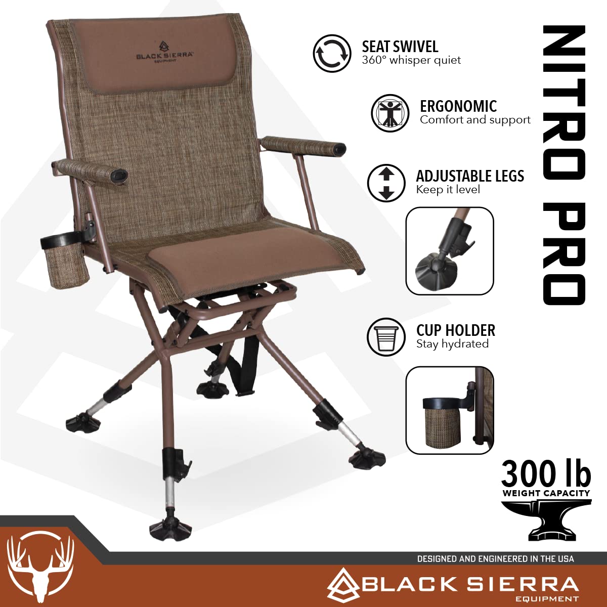 Black Sierra Heavy Duty Swivel Hunting & Camping Chair Supports 300 Lbs, XL 360° Silent Swivel for Hunting Blind, Portable Ground Chair w/All Terrain Feet, Padded Armrests w/Carry Strap and Cupholder